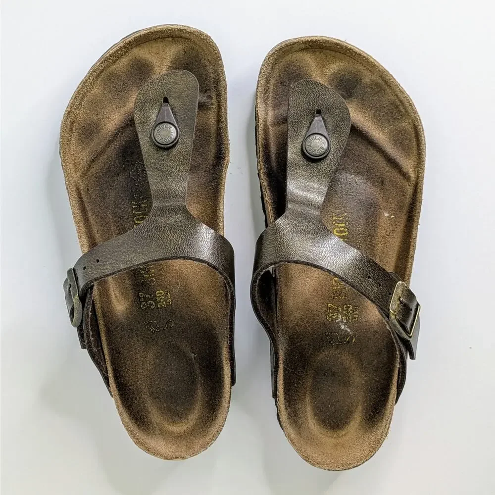 Birkenstock Gizeh Sandals 37 Brown Metallic Thong Flat Cork Footbed 6-6.5